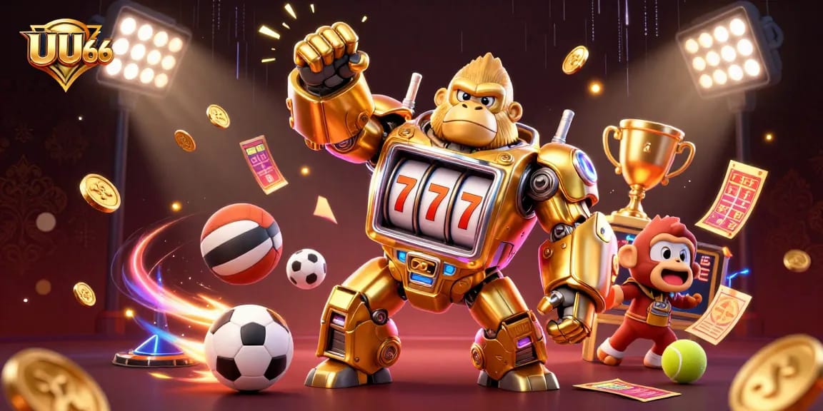 Win big with UU666: Exciting cartoon illustration of a golden gorilla mech with casino elements.