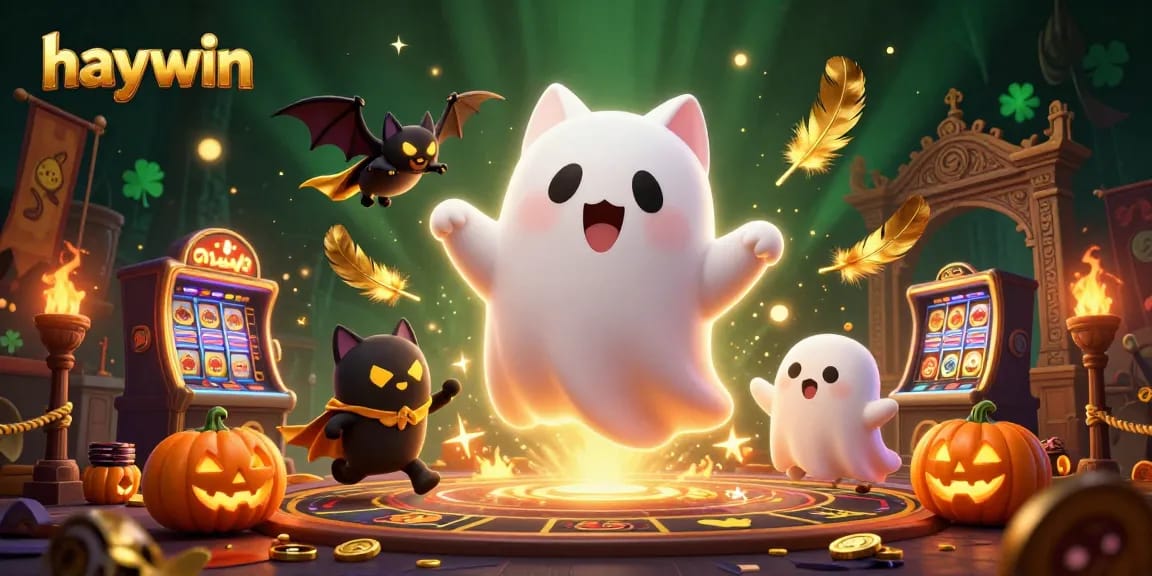 Join the thrilling haywin ghost cat as it haunts a vibrant casino mansion, surrounded by floating game elements.