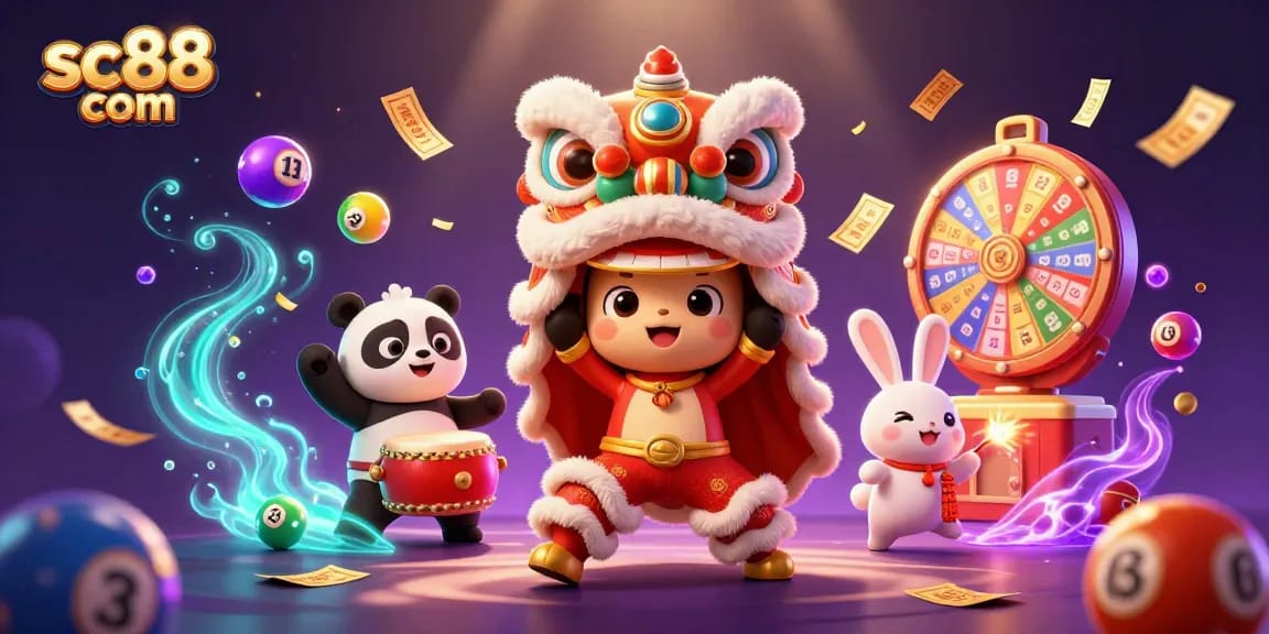Engage with exciting games on sc88 com, featuring a lively lion dance and dynamic casino elements.