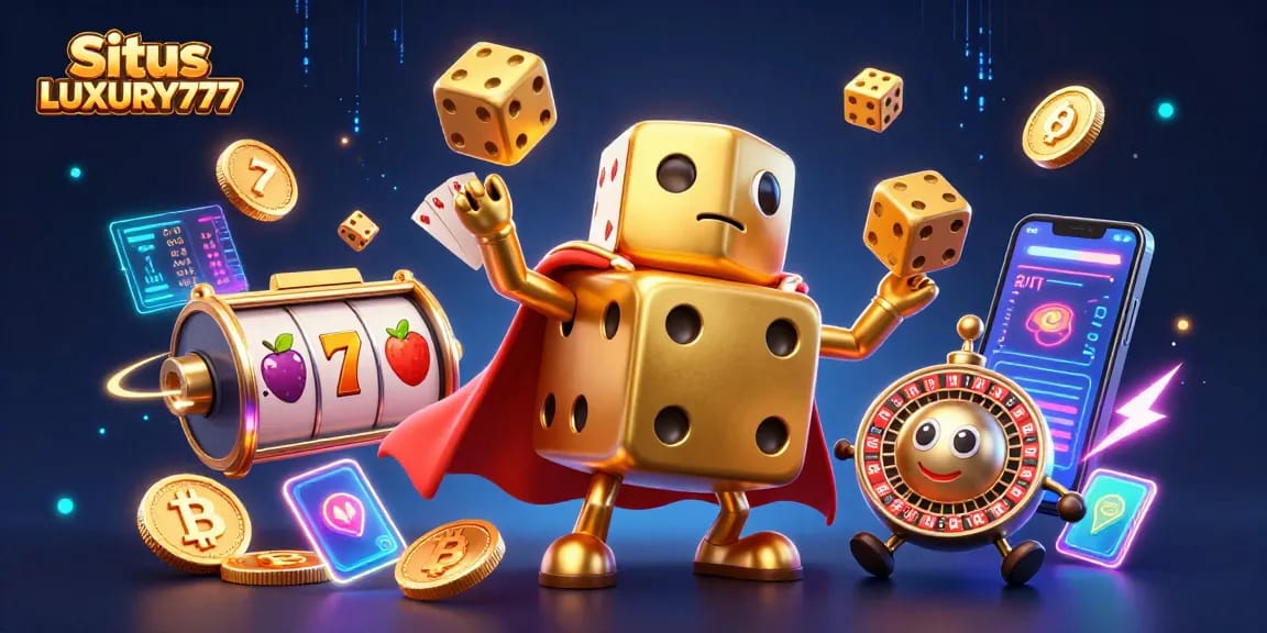 Situs LUXURY777 menggambarkan mesin slot dengan elemen permainan yang berkilau, dadu emas raksasa, dan simbol jackpot.