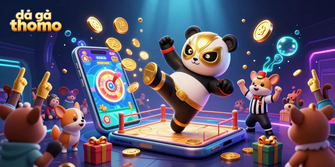 Experience intense đá gà thomo action with a dynamic illustration of lively cartoon characters in a lively setting.