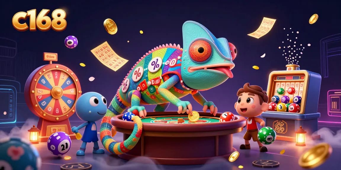Experience gambling excitement with c168's chameleon mascot and vibrant casino scene.