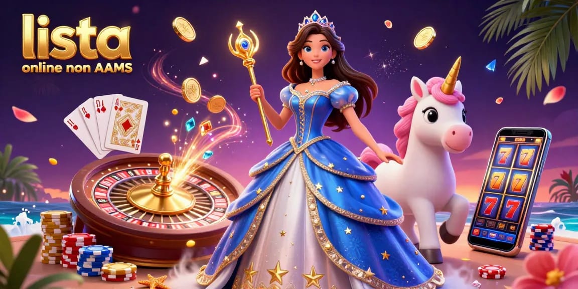 Scena coinvolgente con "lista casino online non AAMS" con una donna glamour, un unicorno e elementi vibranti di casinò.