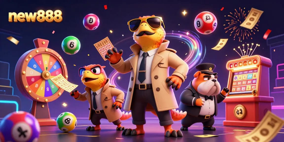 new888 illustrates 3D cartoon raptors attempting to enter a VIP casino, surrounded by vibrant gaming elements.