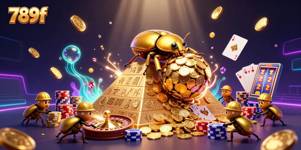 Experience a vibrant 789f casino scene with golden coins, beetles, and dynamic gaming elements.