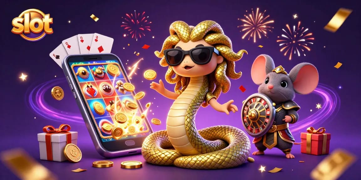 Menggandakan slot melalui permainan kasino dengan karakter Medusa dan mouse perang.