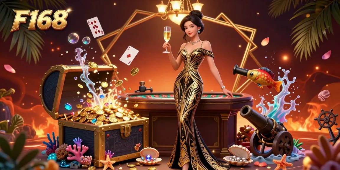 Experience luxurious gambling at F168, featuring an elegant woman amidst casino elements and treasures.
