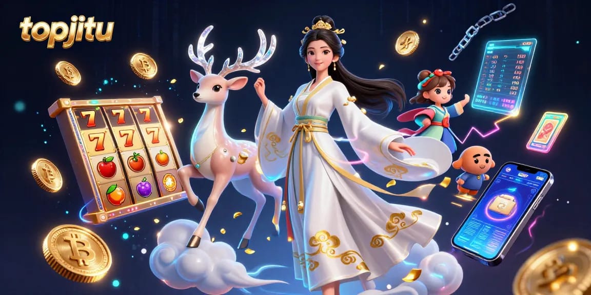 Experience the thrill of gaming at topjitu with a vibrant 3D illustration featuring slots, crypto elements, and casino ambiance.