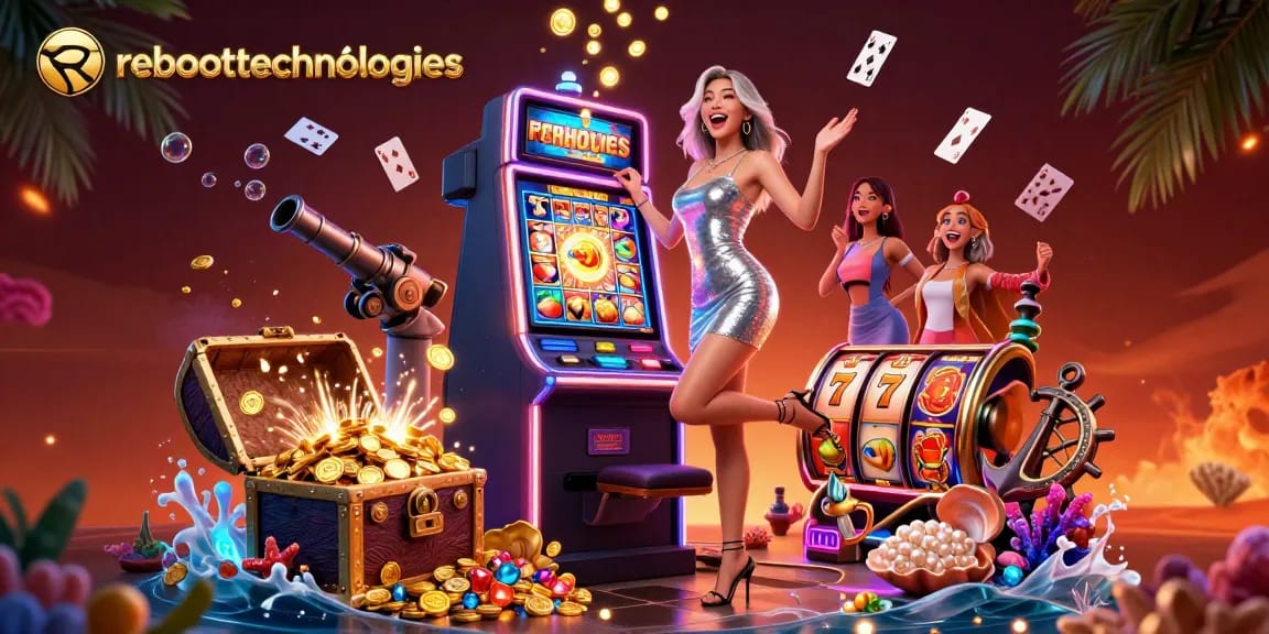 Spin slot machines and celebrate with reboottechnologies as coins and cards fly in celebration.
