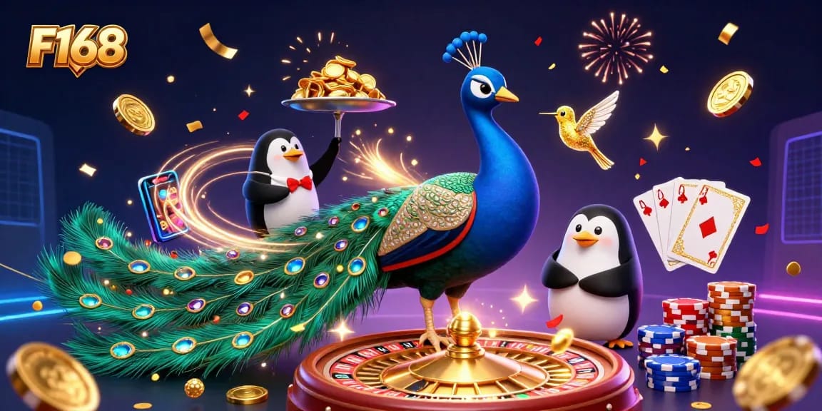 Experience the excitement of F168 with a vibrant 3D illustration featuring a majestic peacock, a penguin with poker chips, and a shimmering hummingbird amid a flurry of casino elements.
