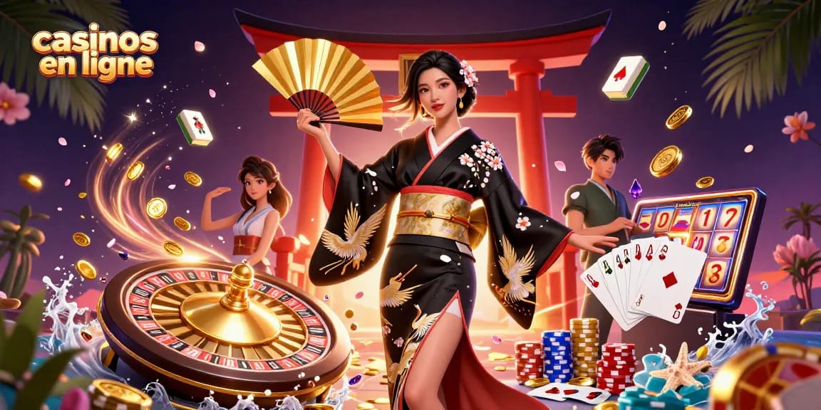 Découvrez l'excitation des casinos en ligne avec une superbe illustration 3D mettant en valeur des éléments de jeu vibrants.
