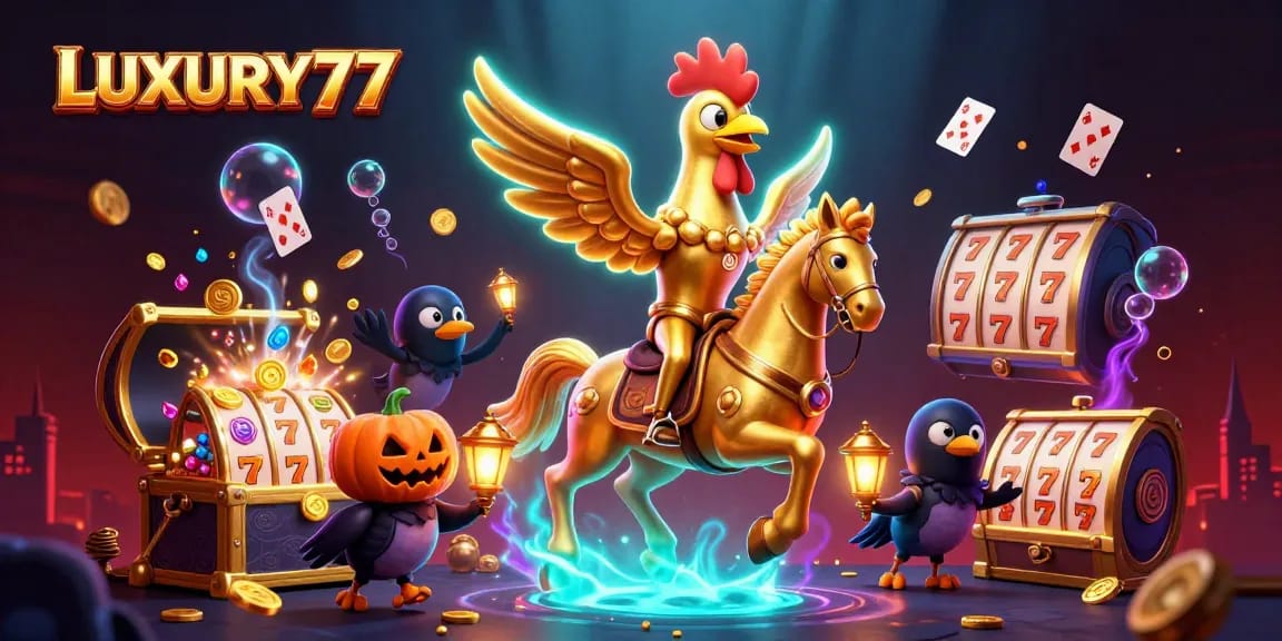Experience thrilling jackpots at LUXURY77 with a vibrant casino scene and energetic characters.