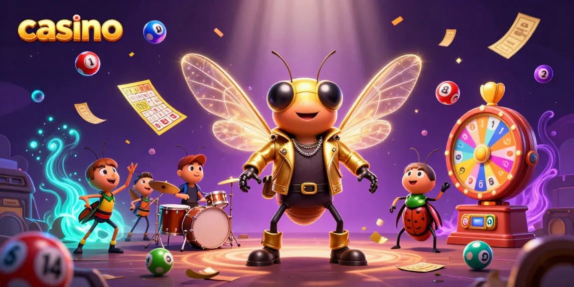 Engaging casino scene with a cicada rock star and lottery elements for digital gameplay.