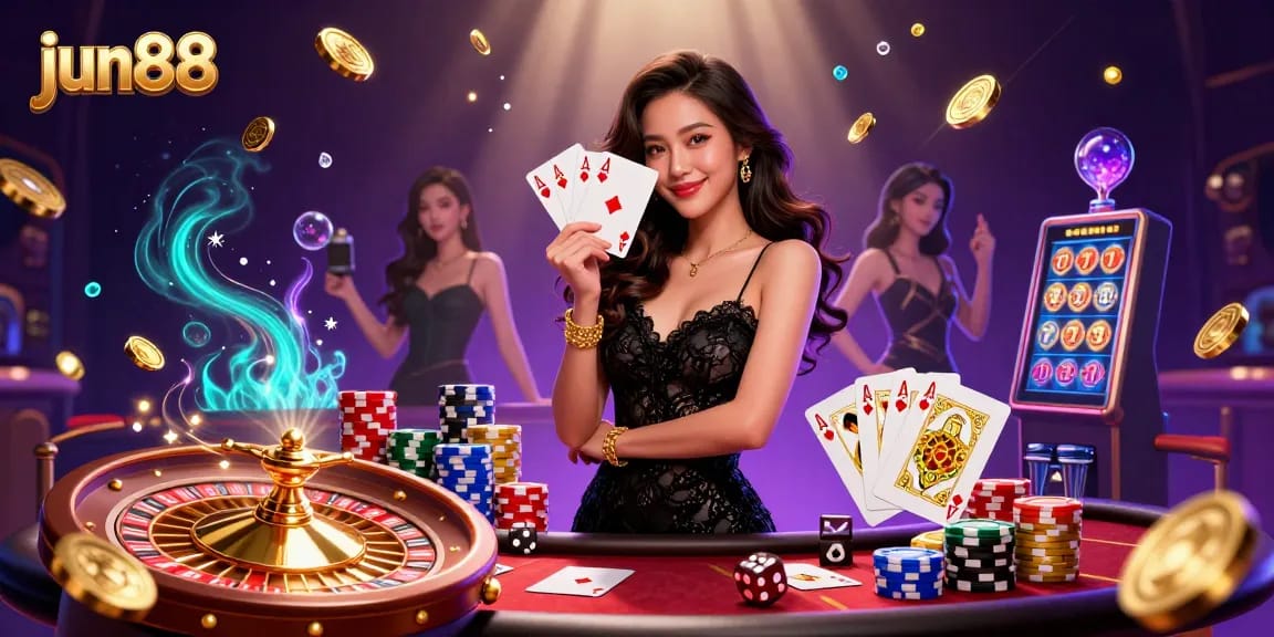 Experience the thrill of jun88 with an Asian beauty revealing her poker skills amidst a glamorous casino scene.