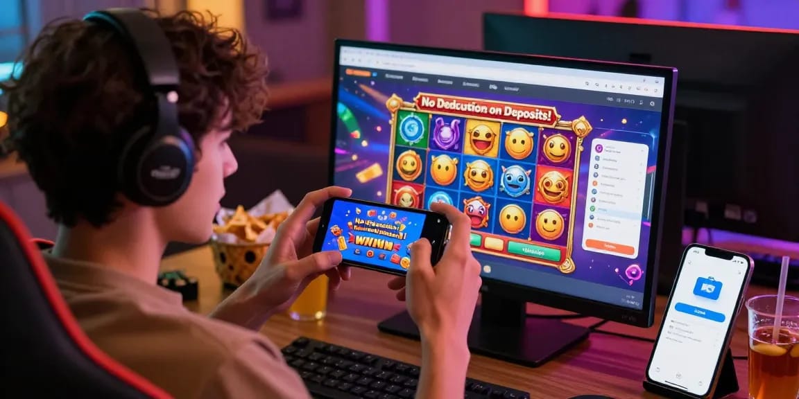 Excited user experiencing deposit pulsa tanpa potongan while playing online slots on a smartphone in a cozy gaming setup.
