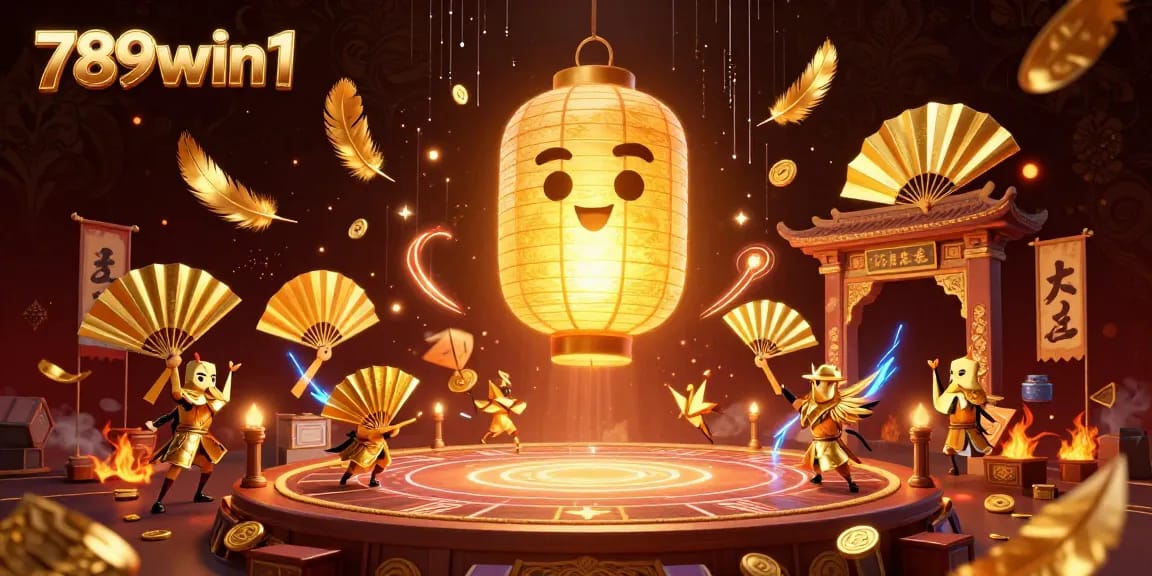 Experience the vibrant action of 789win1 with a dynamic casino scene featuring a glowing lantern spirit and golden warriors.