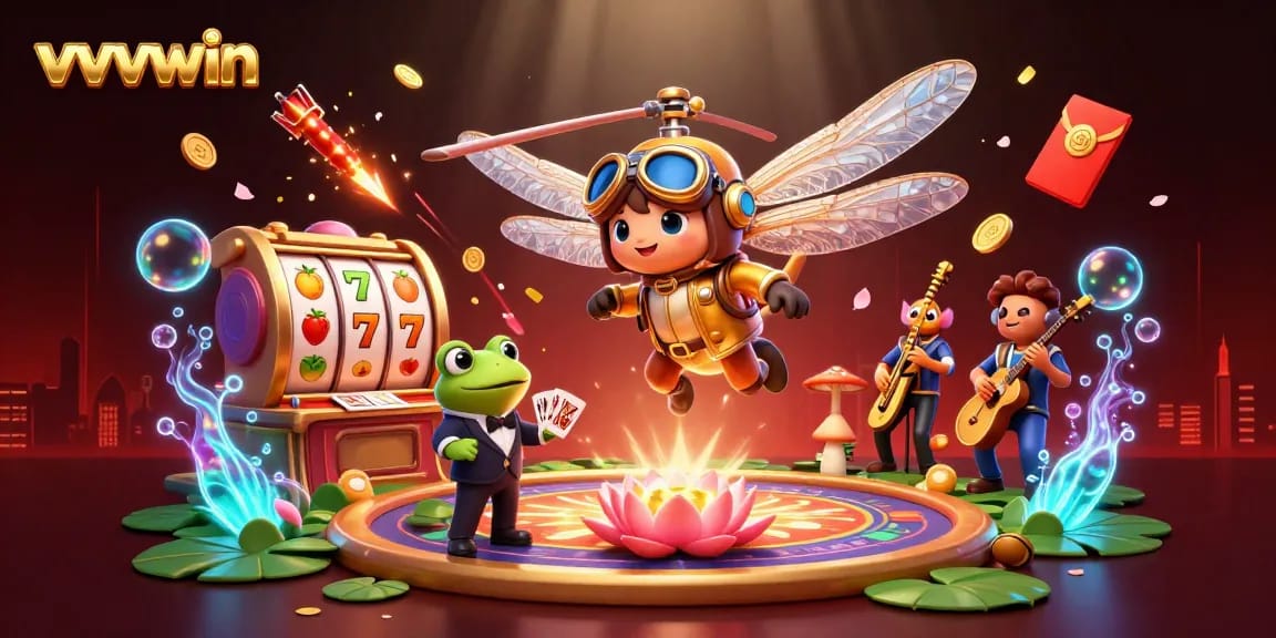 Engage with exhilarating vvvwin gameplay while a dragonfly pilot oversees the vibrant casino scene.
