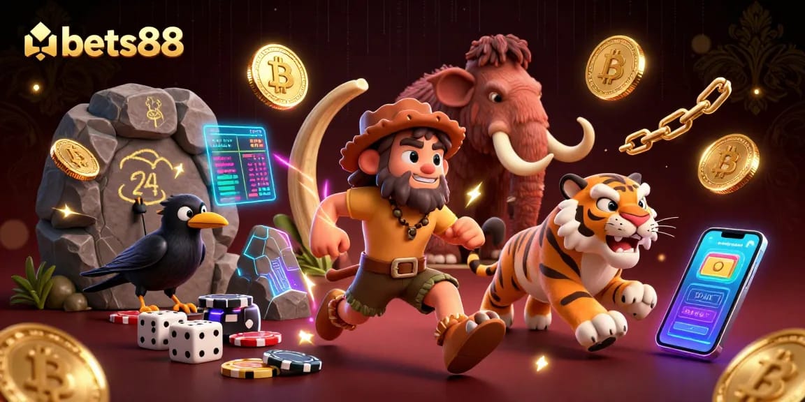 Bets88 brings excitement with caveman and tiger running a prehistoric casino filled with crypto elements.