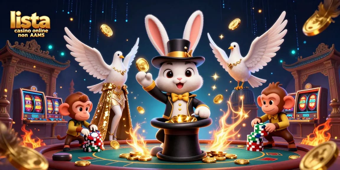 Interagisci con la vivace scena della lista casino online non AAMS con un coniglio mago, una colomba di paillettes e una scimmia tra elementi magici del casinò.