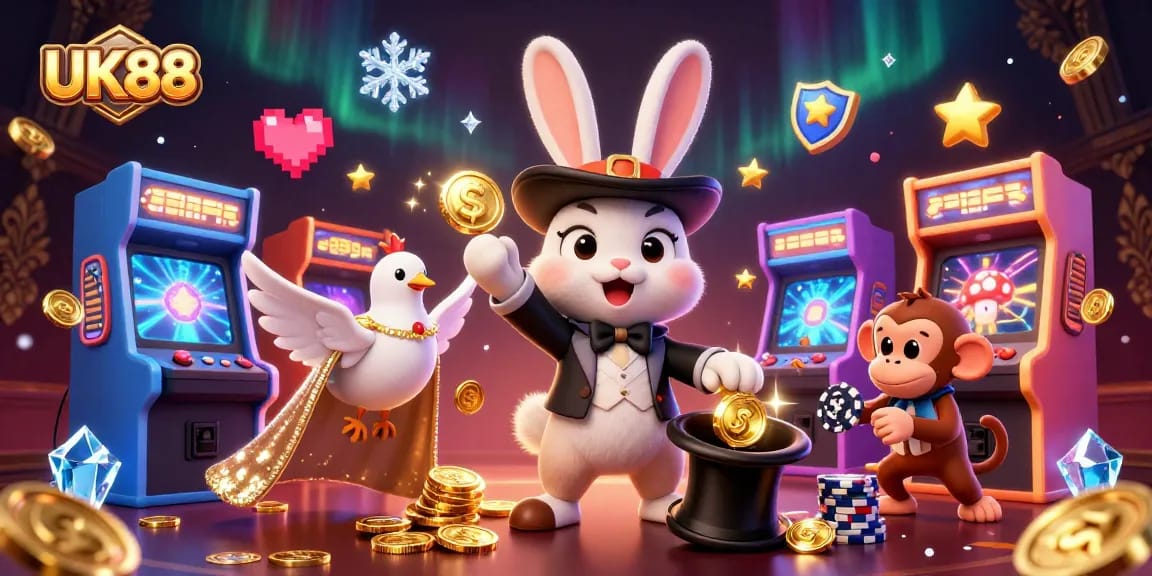 Experience the magic of UK88 with a vibrant 3D casino scene filled with coins and gameplay features.