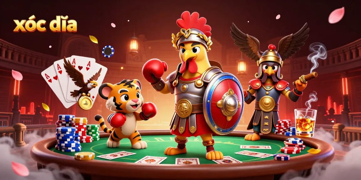 Xóc đĩa scene featuring a rooster gladiator with poker elements, embodying gambling excitement.
