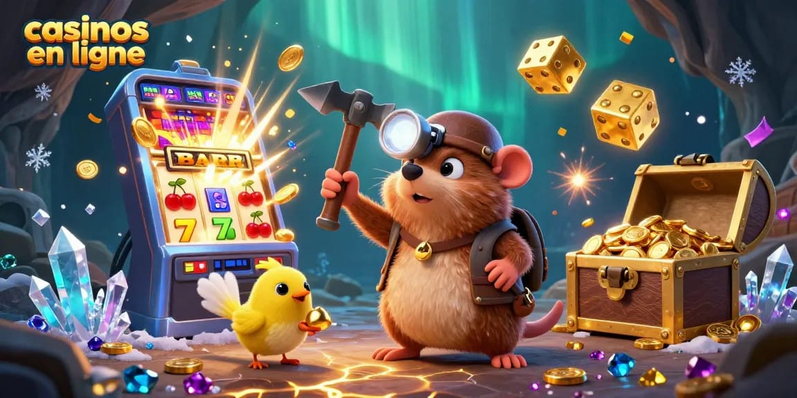 Engage with casinos en ligne through a thrilling 3D scene illustrating a treasure hunter, rich gaming elements, and sparkling treasures.