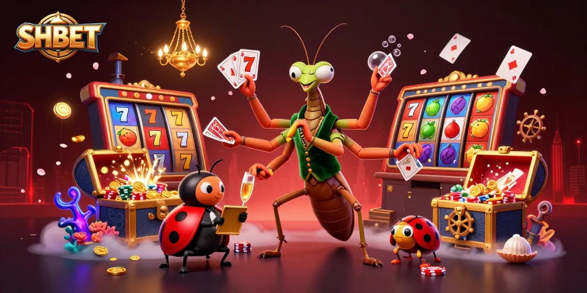 SHBET showcases a vibrant casino scene with a giant mantis card sharp dealing cards and spilling coins.