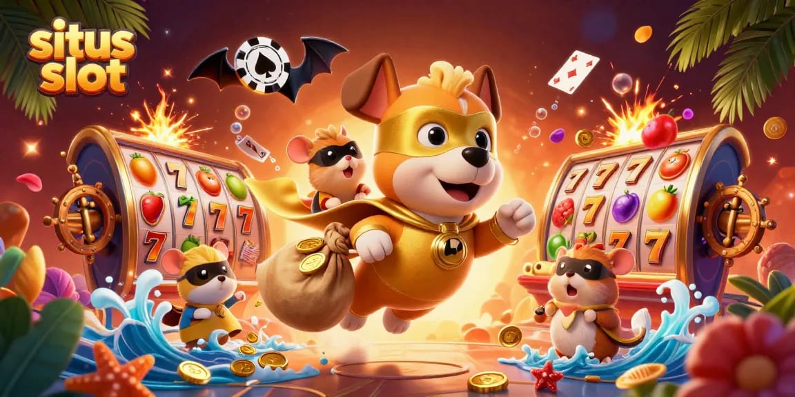 Experience thrilling wins at situs slot with our superhero dog and hamster duo capturing gold coins amidst vibrant slots.