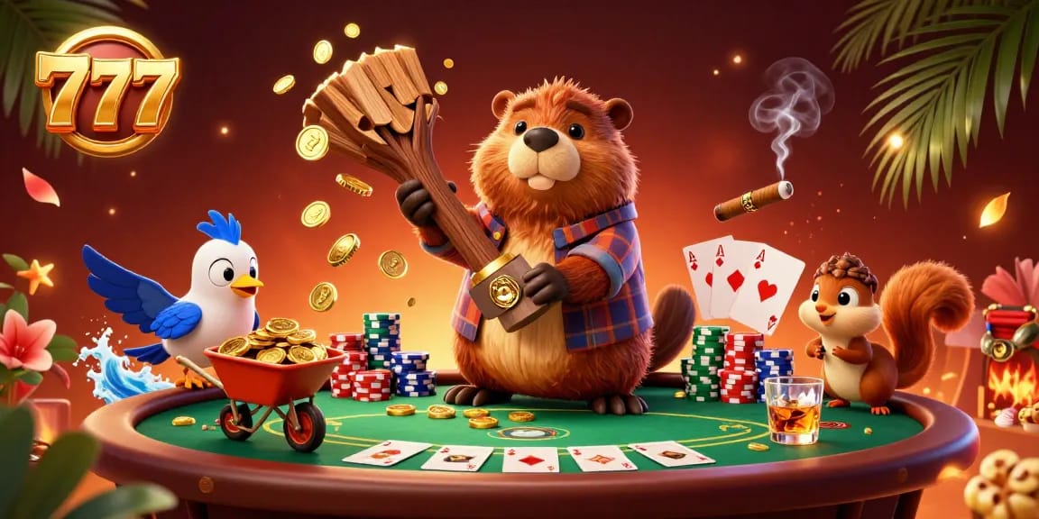 Collect coins with the lucky 777 beaver in a vibrant casino scene packed with energy.