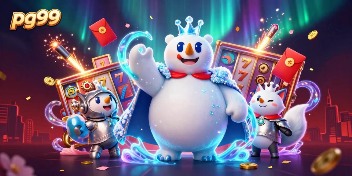 Spin with pg99's colorful 3D slot reels and characters in an enchanting casino scene.