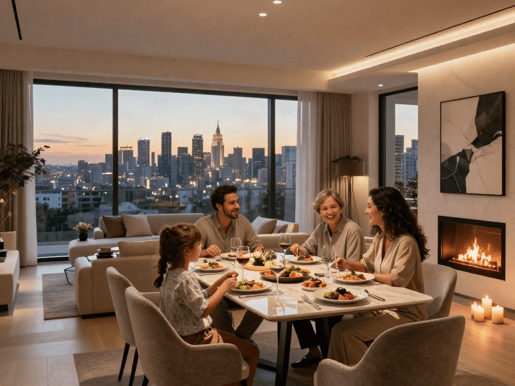 Interior mewah LUXURY 111 dengan keluarga menikmati waktu berkualitas di ruang makan elegan.
