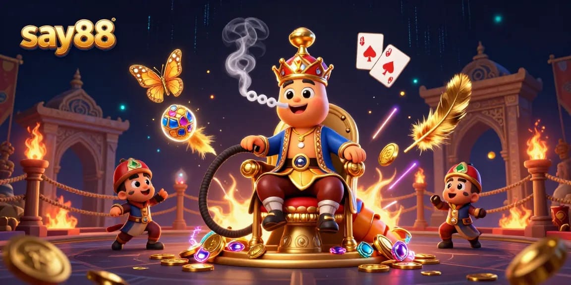Engage with say88 at a colorful gambling scene featuring a whimsical caterpillar and a treasure of games.