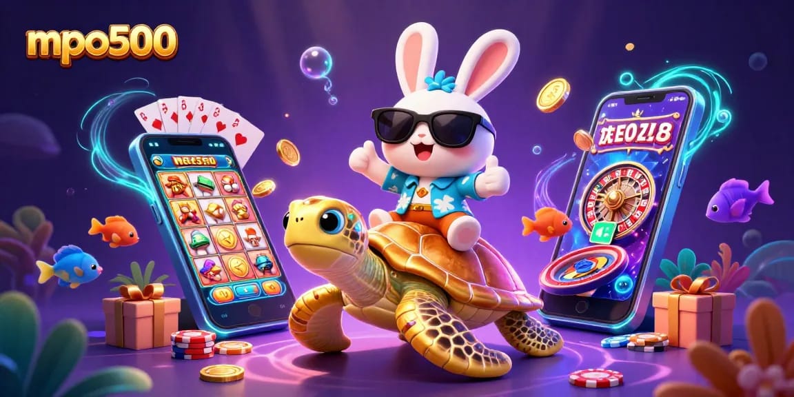Spin the reels at mpo500 with a lucky rabbit and sea turtle in a vibrant casino adventure.