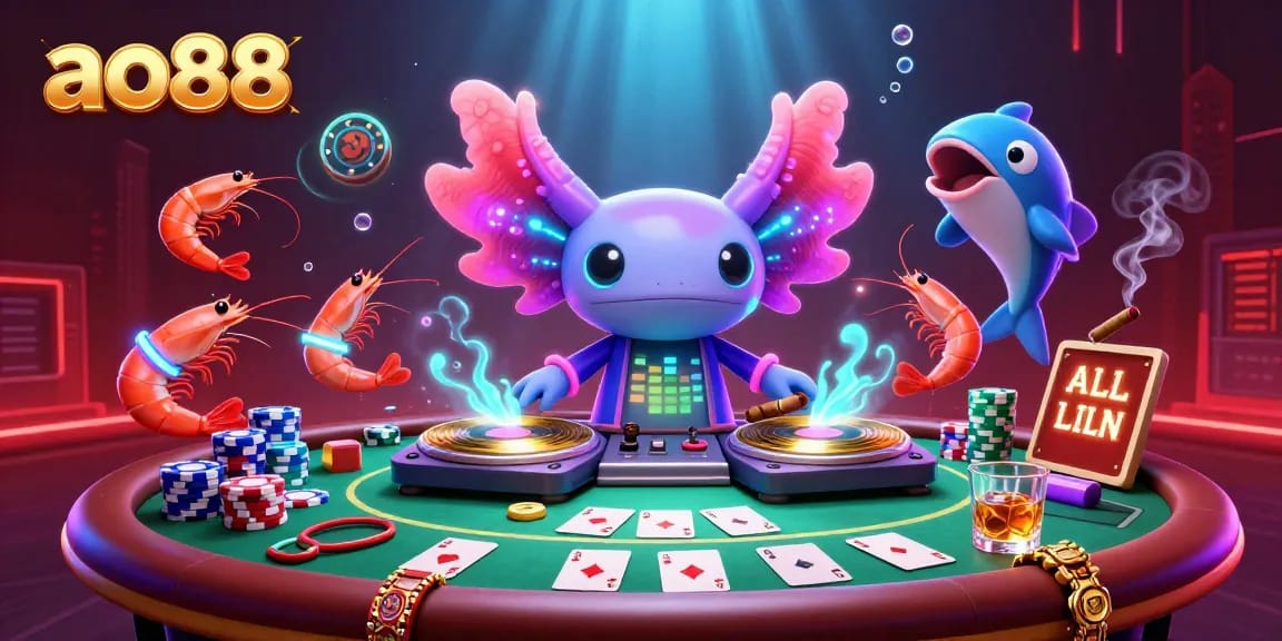 Celebrate ao88 with a dynamic 3D casino scene featuring an axolotl DJ, poker chips, and vibrant underwater energy.