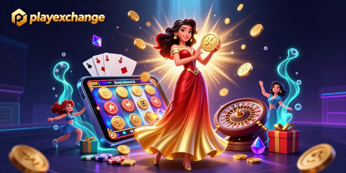 Win big with playexchange as a stunning Asian woman celebrates a jackpot with golden coins raining around her.
