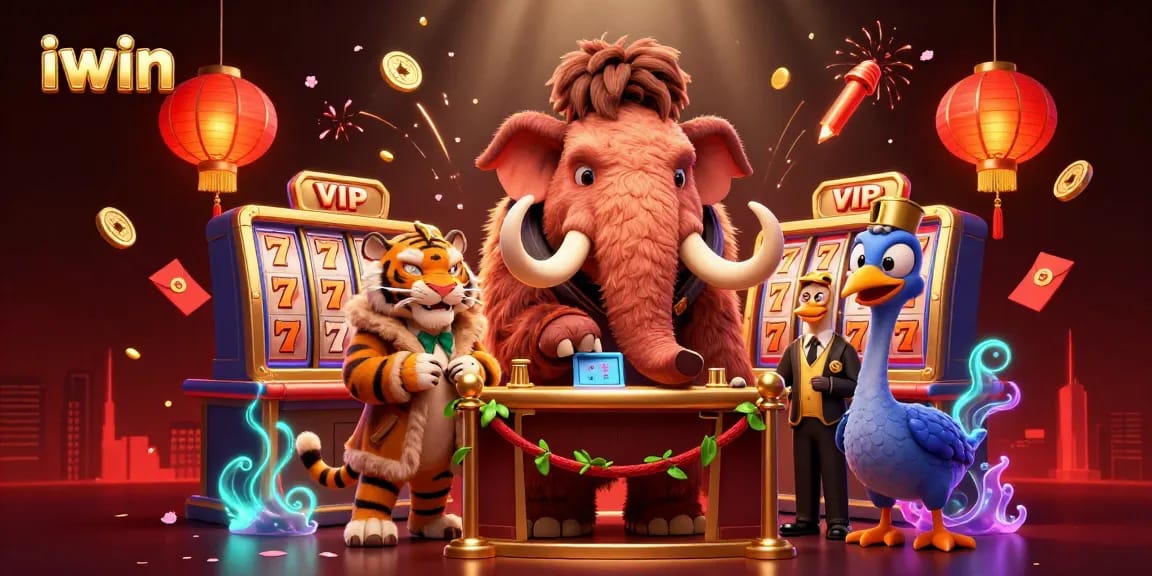Join the iwin adventure with a vibrant casino scene featuring a mammoth bouncer and a VIP saber-tooth tiger.