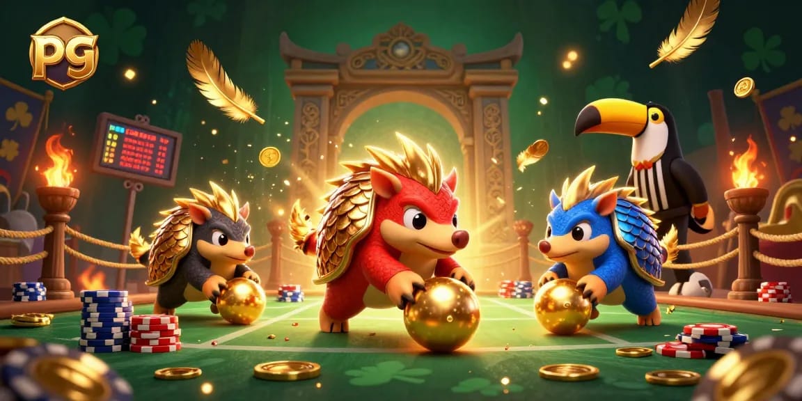 Engaging 3D scene with rival pangolins rolling into golden balls in a lively pg casino atmosphere.