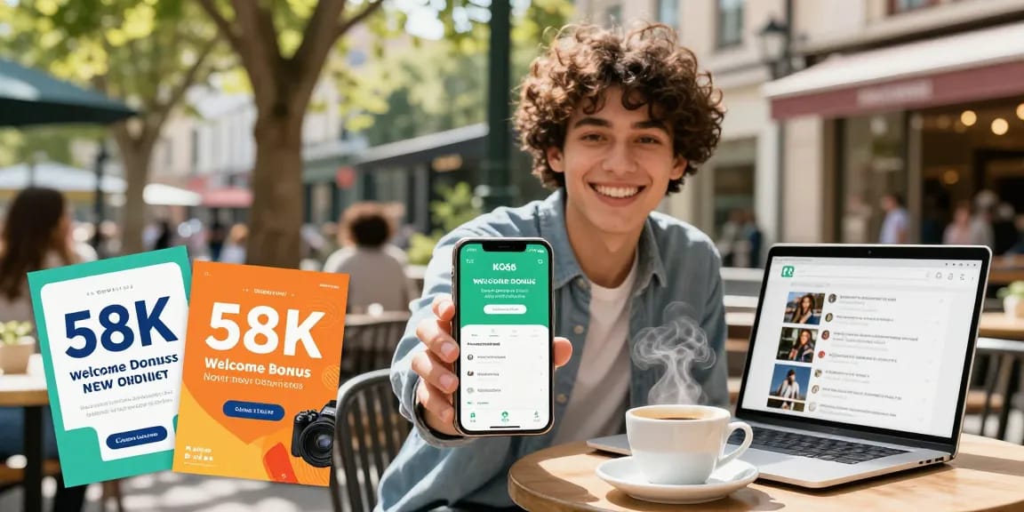 KO66 app promotion scene with a user interacting with a smartphone, showcasing vibrant café atmosphere.