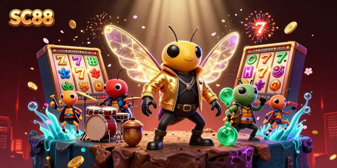 SC88 casino rock star illustration featuring a cicada in a golden jacket and slot reels.