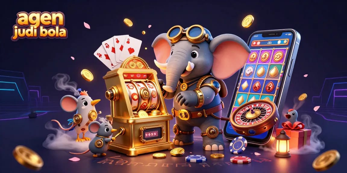 Experience thrilling bets with agen judi bola featuring a steampunk elephant and vibrant casino elements.