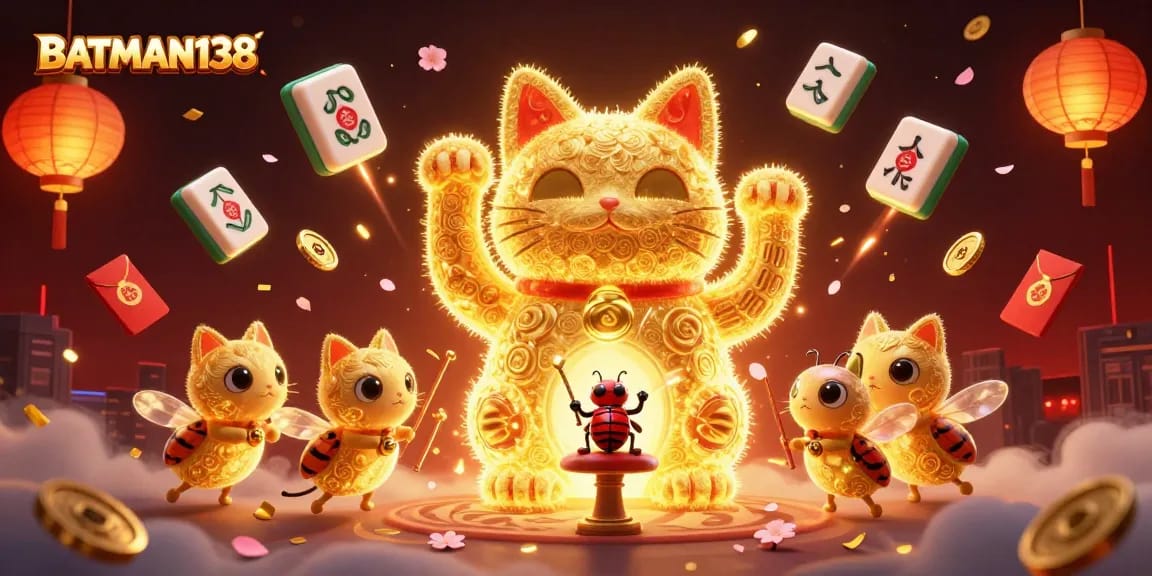 Experience BATMAN138’s dynamic casino action with a vibrant lucky cat symbolizing luck and fortune.