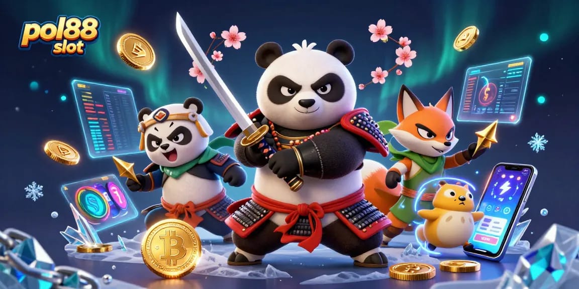 Menangkan permainan slot pol88 dengan karakter panda samurai dan ninja rubah dalam ilustrasi 3D menarik.