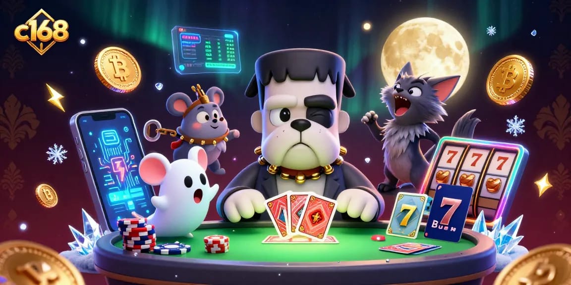 Engage in casino thrills with c168's lively monster characters at a neon-lit card table.