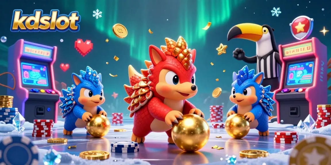 Kdslot pangolins compete in a vibrant 3D casino scene, showcasing thrilling gaming action.