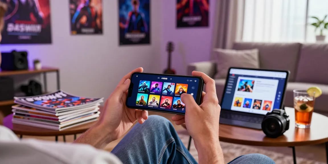 Player engaging with 345win APK on smartphone in cozy living room, showcasing interactive gaming.