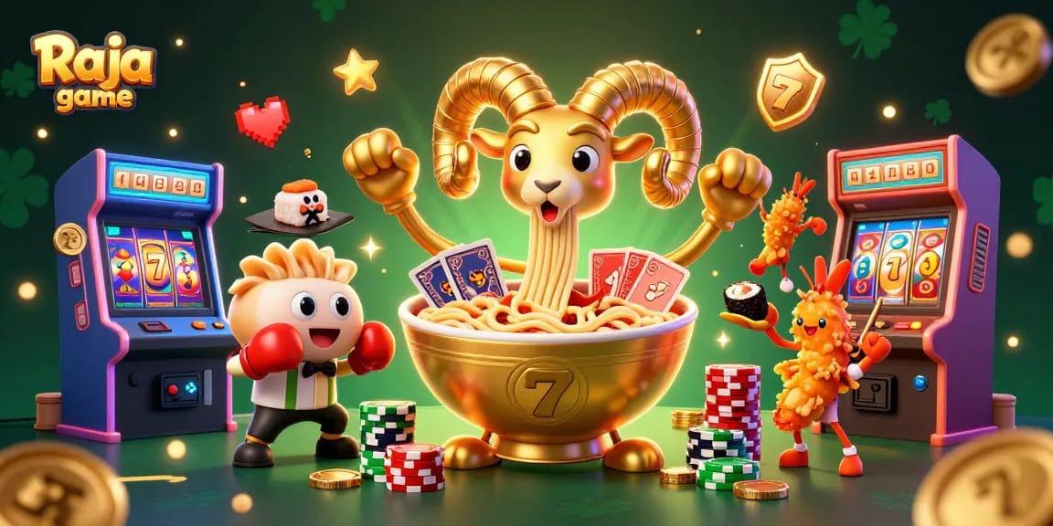 Engage in thrilling gameplay on Raja game with a vibrant illustration of unique characters and colorful casino elements.
