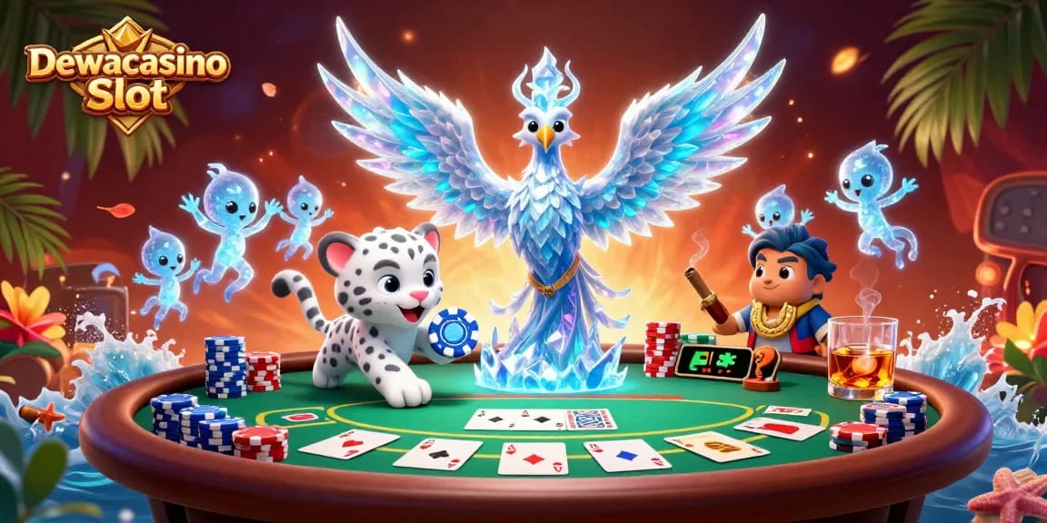 Dewacasino Slot showcases a vibrant 3D scene of a phoenix, snow leopard, and poker elements creating a thrilling atmosphere.