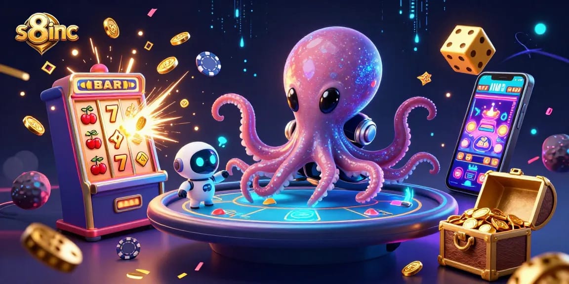 Experience the excitement at s8inc with a vibrant 3D casino scene, showcasing alien characters amidst flying poker elements.