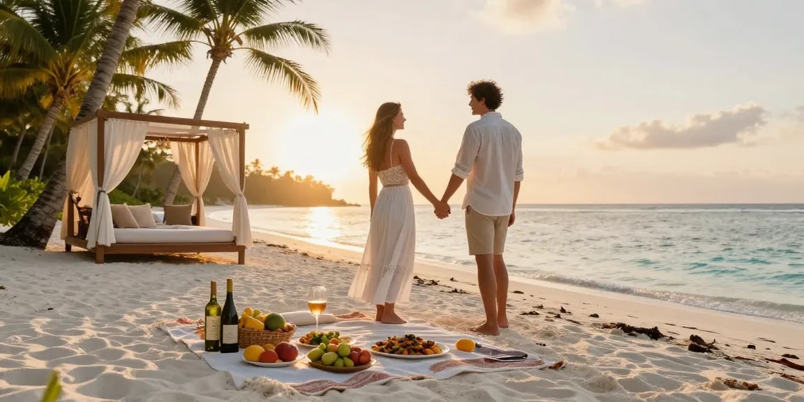 Momen romantis di pantai mewah dengan LUXURY111, pasangan menikmati waktu bersama di pemandangan indah saat matahari terbenam.