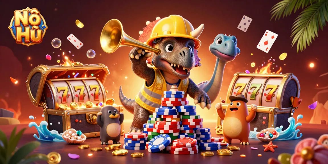 Nổ Hũ explodes with excitement as a triceratops builds a poker chip pyramid, celebrating wins with vibrant casino themed elements.
